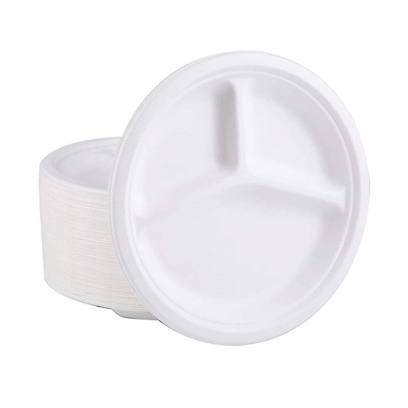 9" 10" Disposable Round 3 grid eco Bagasse Plates