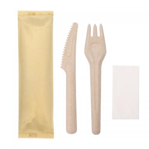 Individually Wrapped Biodegradable Sugarcane Cutlery Set with Napkin
